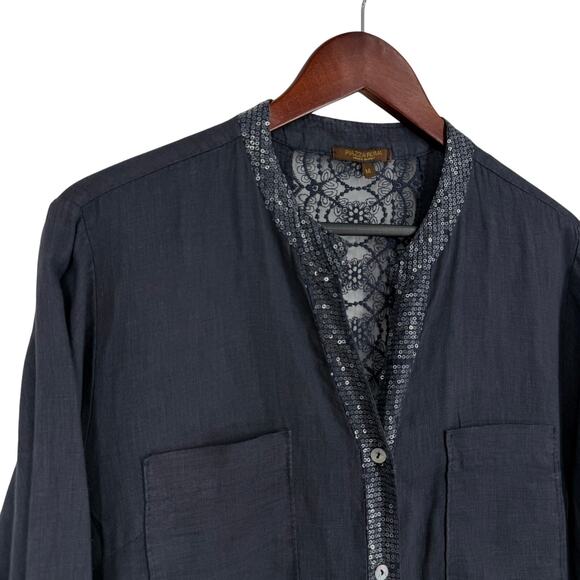 PIAZZA ROMA Sz Medium Made in ITALY Blue 100% LINEN Blouse Shirt Top Nautical - Picture 3 of 8